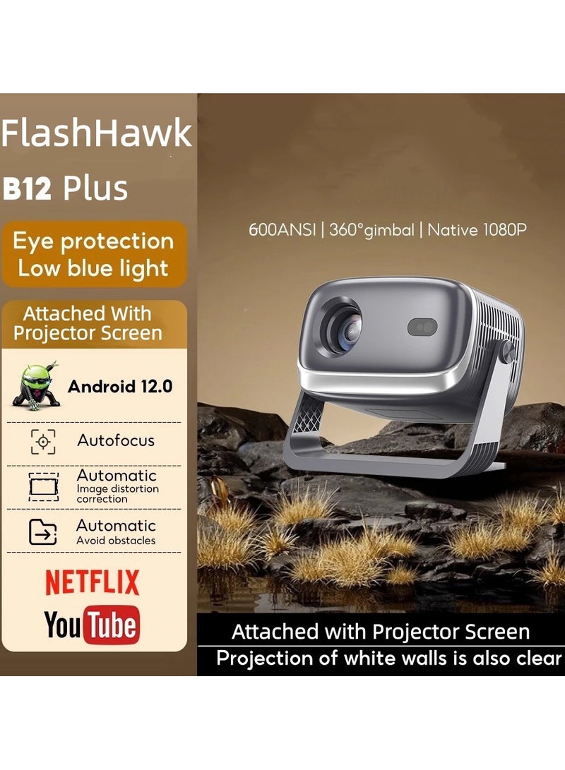 FlashHawk 1080P Full HD Projector - (with Screen) 600 ANSI Lum/4K Support Mini Portable Projector Wifi6 and Bluetooth/Smart Google TV, Netflix/Gimbal Instant Auto Focus/Auto Keystone Correction/Adjustable 180°Angle/Compatible with iOS/Android/PC/PS4/PS5 for Home Outdoor Gaming - Image 1